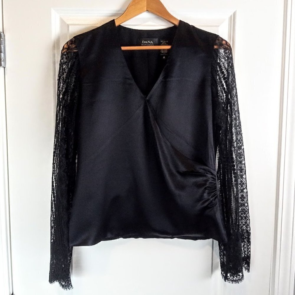 Dana Buchman Black Silk Charmeuse Lace Long Sleeve Top